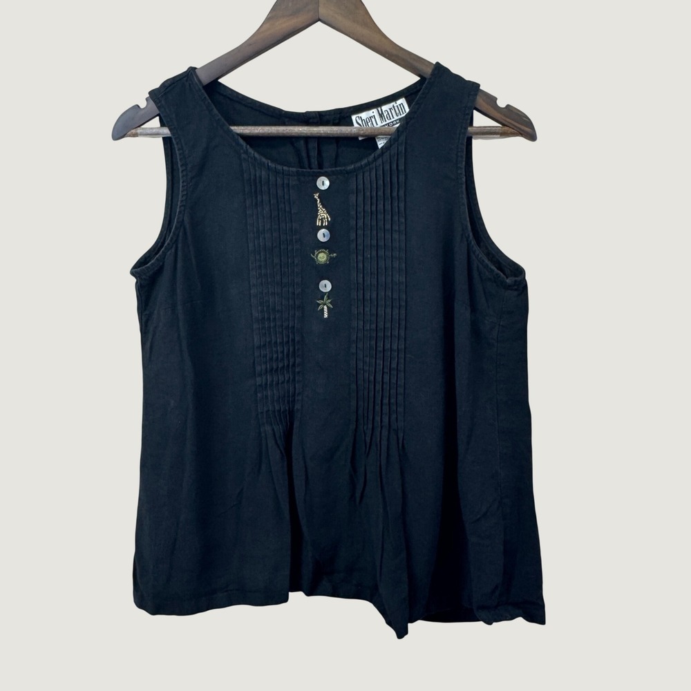 Sheri Martin Tank Top Womens 12 Black Linen Blend Safari Embroidered Pintuck VTG